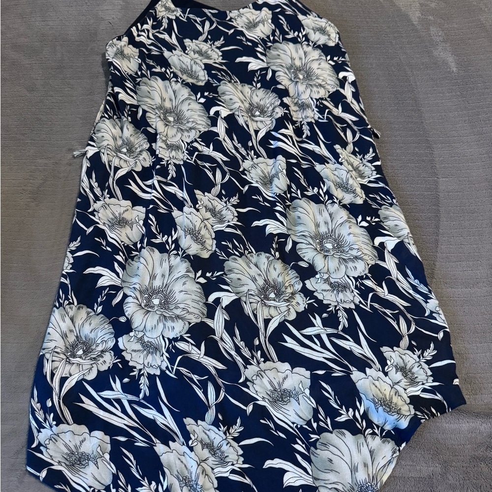 Floral Sleeveless Dress - Navy and White